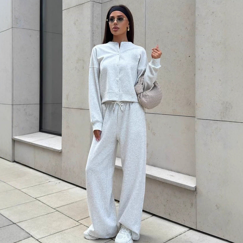 Damen Zweiteiliges Loungewear-Set mit verdeckter Druckknopf-Cardigan und weiten High-Waist Jogpants – Élanora
