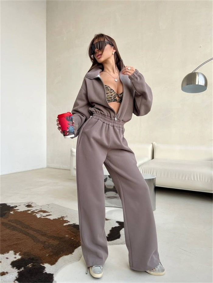 Damen Loungewear-Set mit halbem Reißverschluss, elastischem Taillenbund und weiter Jogginghose – Avérine