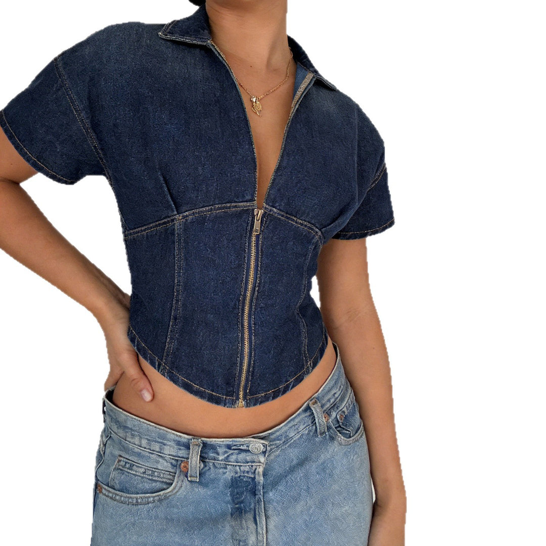 Damen Kurzarm Denim-Jacke mit teilbarem Reißverschluss und modischem Schnitt Echo Archiv