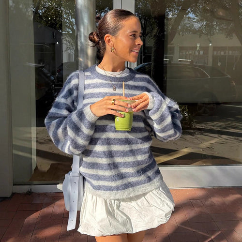 Damen Gestreifter Mohair-Mix Oversize-Pullover mit Ballonärmeln Echoarchiv