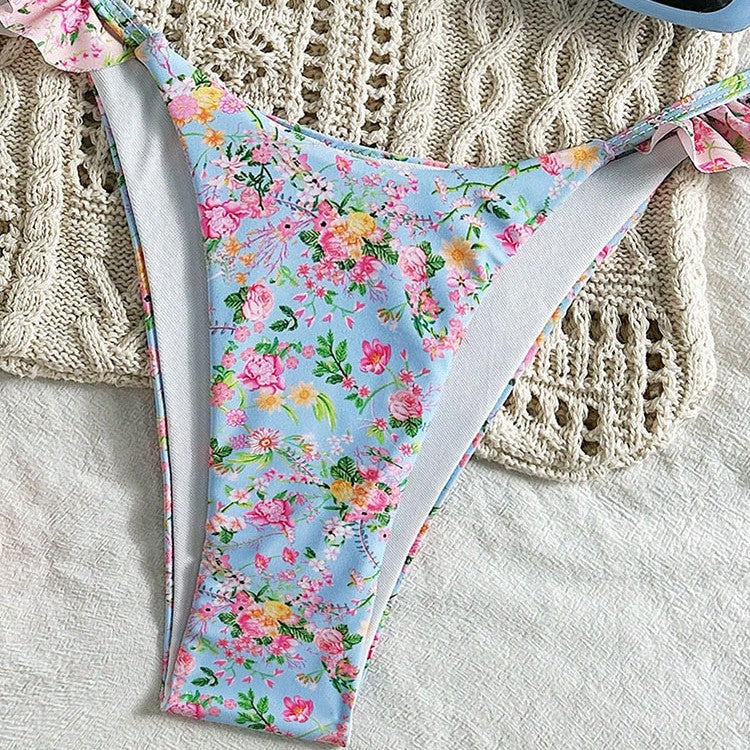 Damen Triangel-Bikini-Set mit floralen Rüschendetails und verstellbaren Trägern Echo Archiv