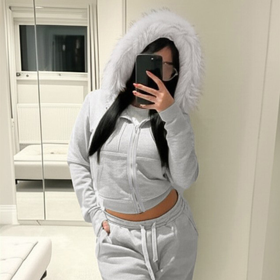 Damen Kurze Kapuzenjacke mit Reißverschluss, tailliertem Cropped-Schnitt und Kunstfellkragen – Célinea