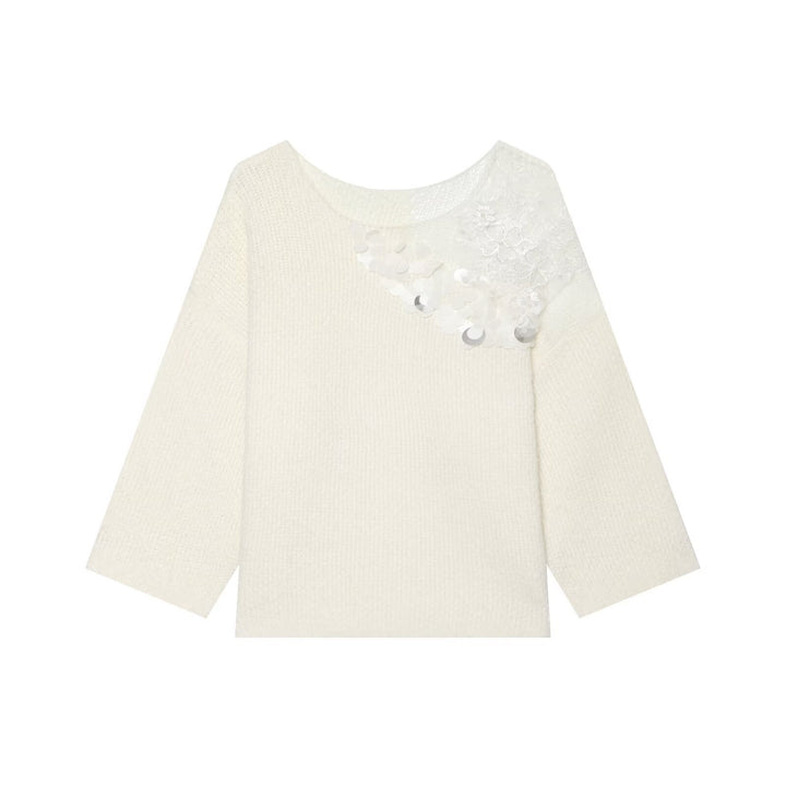 Damen Grobstrick-Pullover mit Rundhalsausschnitt, 3/4-Ärmeln und Pailletten‑Spitzenapplikation Echo Archiv