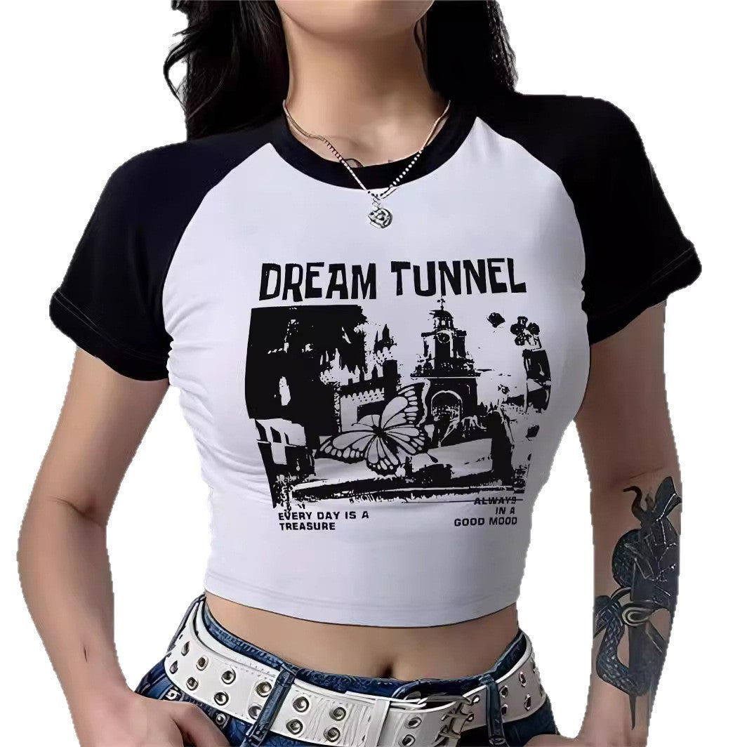 Damen Cropped T-Shirt mit auffälligem Druckdesign Echo Archiv