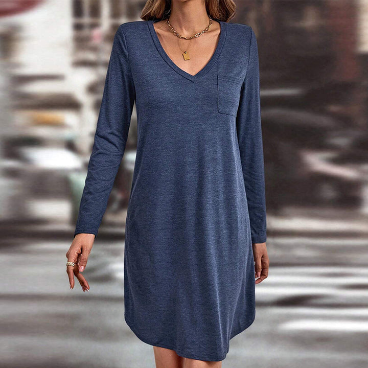 Damen lässiges Jersey-Kleid mit V-Ausschnitt Brusttasche und legerer A-Linie – Lunéa