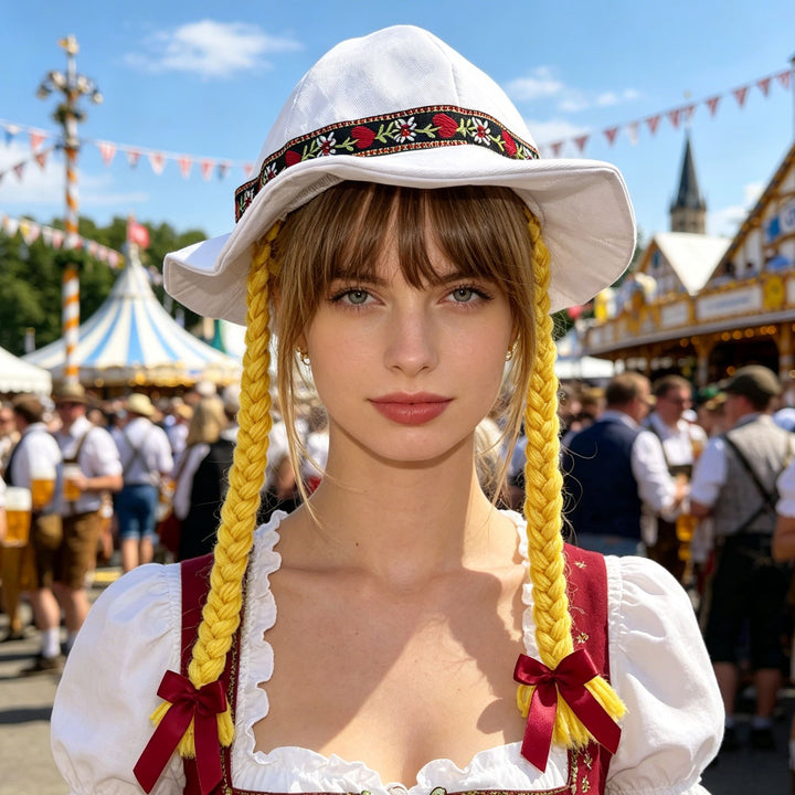 Damen nan folklorischer Sonnenhut mit dekorativem besticktem Band und langen geflochtenen Zöpfen Echo Archiv