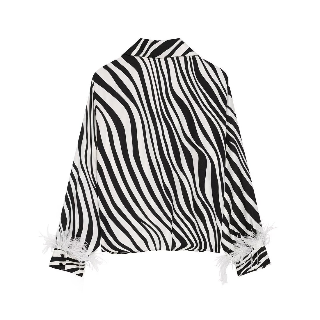 Damen Seidige Oversize-Bluse mit Zebra-Streifen und Federbesatz Echo Archiv