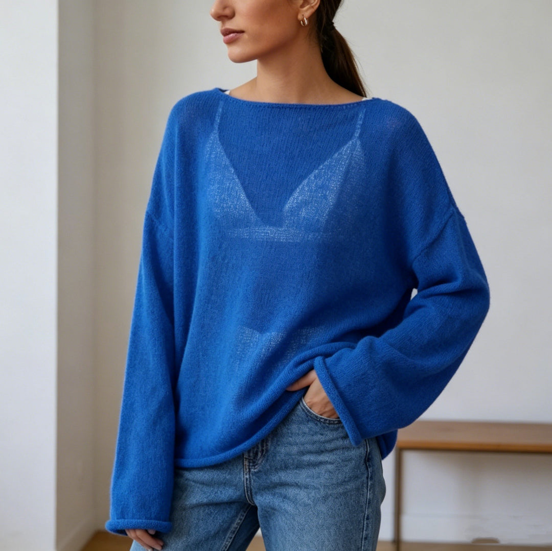 Damen luftiger Oversize-Feinstrickpullover mit weitem Arm und Rundhalsausschnitt – Mavelle