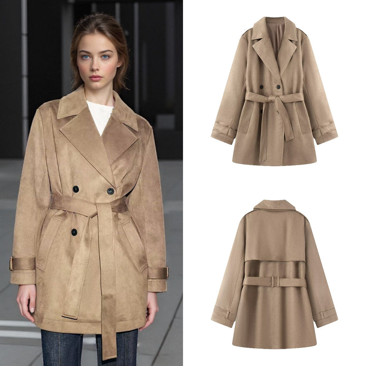 Damen Taillierter Wildlederoptik-Trenchcoat mit Bindegürtel und doppelreihiger Knopfleiste Echo Archiv