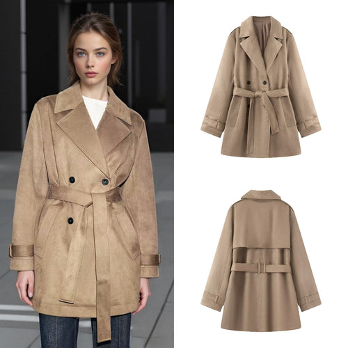 Damen Taillierter Wildlederoptik-Trenchcoat mit Bindegürtel und doppelreihiger Knopfleiste Echo Archiv