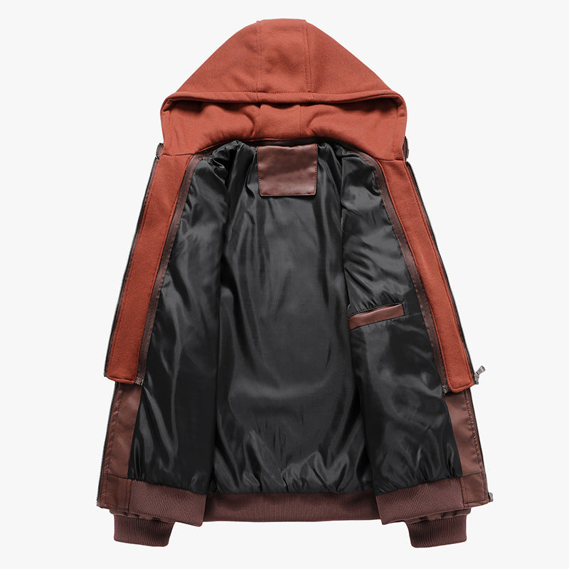 Herren Lederimitat-Fieldblouson mit innenliegendem Hoodie, Reißverschluss-Brusttaschen und Rippbündchen – Taviero