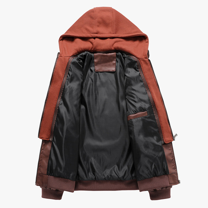 Herren Lederimitat-Fieldblouson mit innenliegendem Hoodie, Reißverschluss-Brusttaschen und Rippbündchen – Taviero