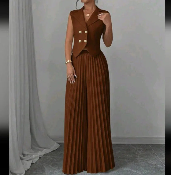Damen Ärmelloses Weste-Blazer-Top mit Revers und plissierter Palazzo-Hose Zweiteiliges Abendset – Valéne
