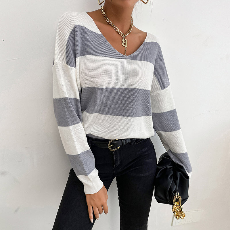 Damen Lässiger V-Ausschnitt Strickpullover mit breiten Streifen Echo Archiv