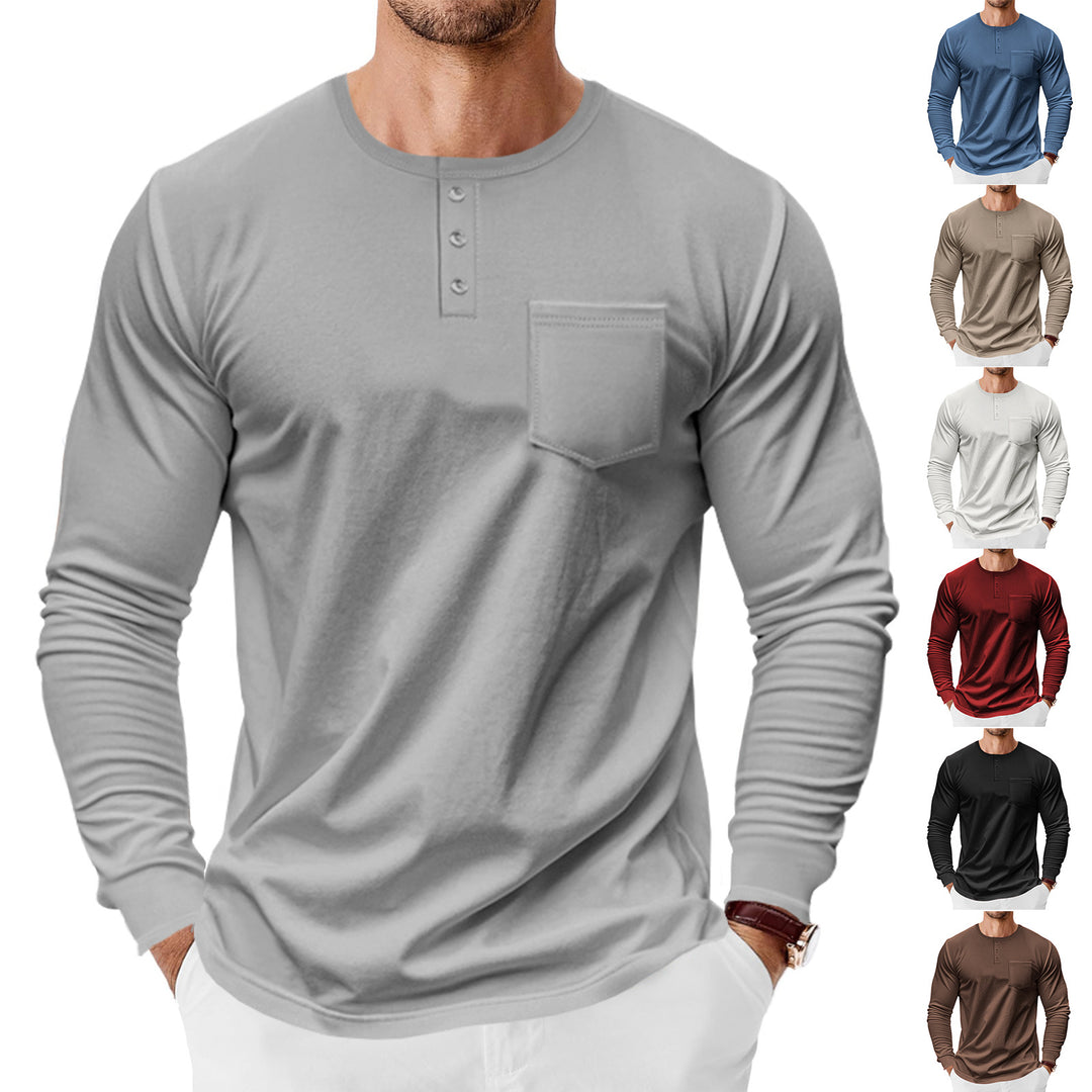 Herren Langarm-Henley-Shirt mit praktischer Brusttasche und modischen Knopfdetails Echoarchiv