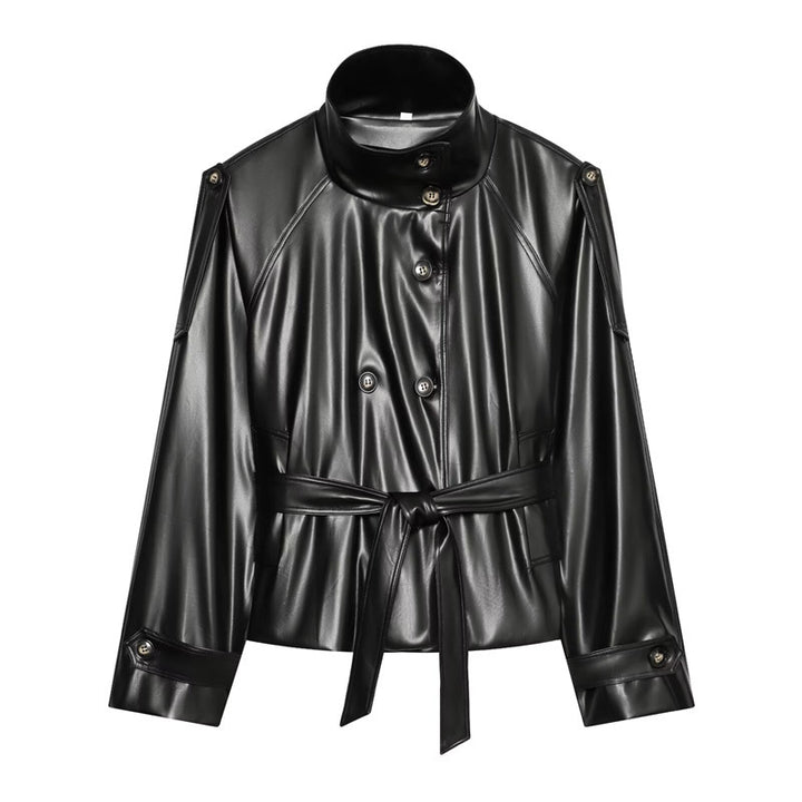 Damen taillierte Kunstlederjacke mit Stehkragen, Bindegürtel und doppelreihiger Knopfleiste Echo Archiv
