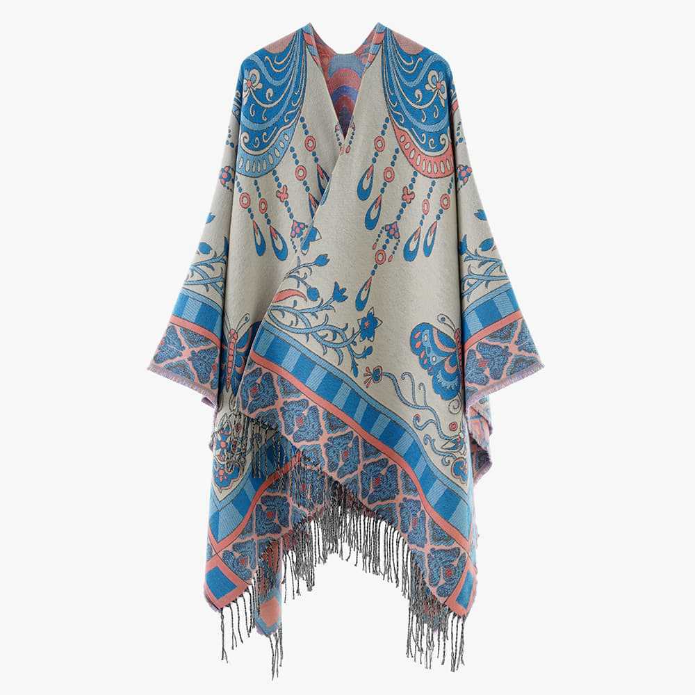 Damen Jacquard‑Gewebter Fransenponcho im Tapisserie‑Look Echo Archiv