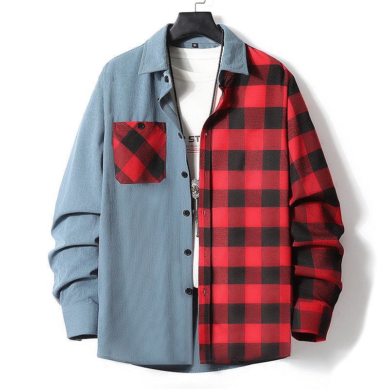 Herren Halbgespaltenes Overshirt im Lumberjack-Karo mit kontrastierender Uni‑Seite, Brusttasche und durchgehender Knopfleiste Echo Archiv