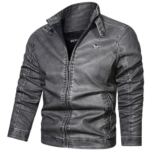 Herren Slim-Fit Jeansblouson im Pilotenstil mit Stehkragen, Ärmelraffungen und Reißverschlusstaschen Echoarchiv