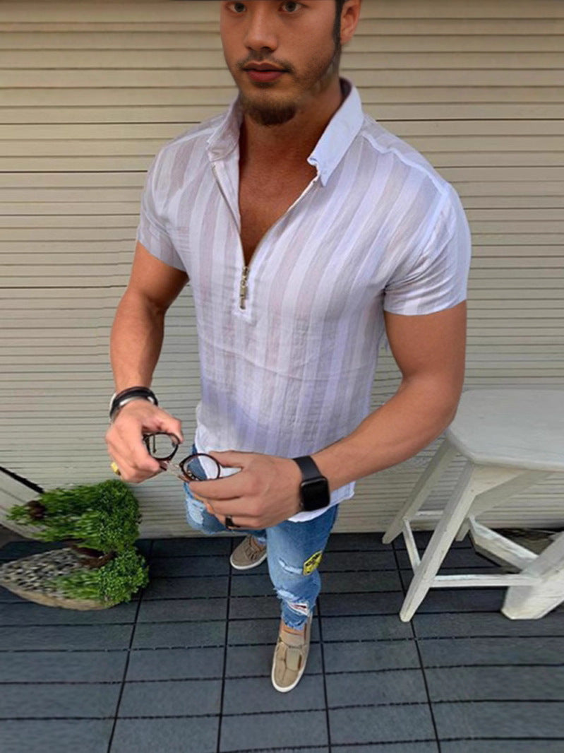 Herren Kurzarmhemd mit modernen Streifen und eleganter Reißverschlussöffnung Echoarchiv