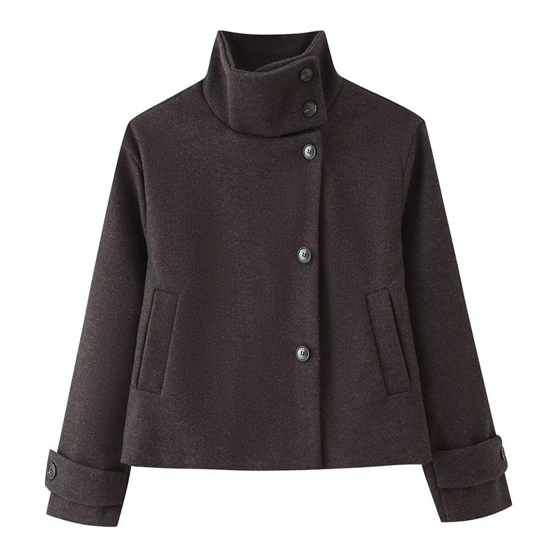 Damen kurze Boxy-Wolljacke mit Stehkragen und Manschetten Echo Archiv