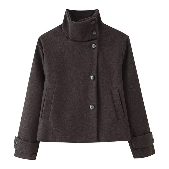 Damen kurze Boxy-Wolljacke mit Stehkragen und Manschetten Echo Archiv