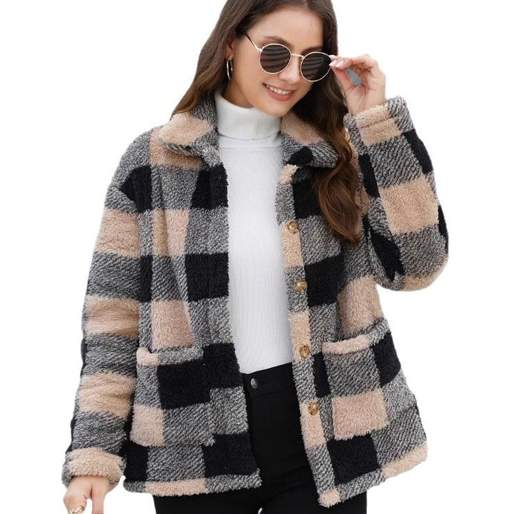 Damen nan gefütterte Karo Teddy-Fleece Shacket mit Knopfleiste und aufgesetzten Taschen Echo Archiv