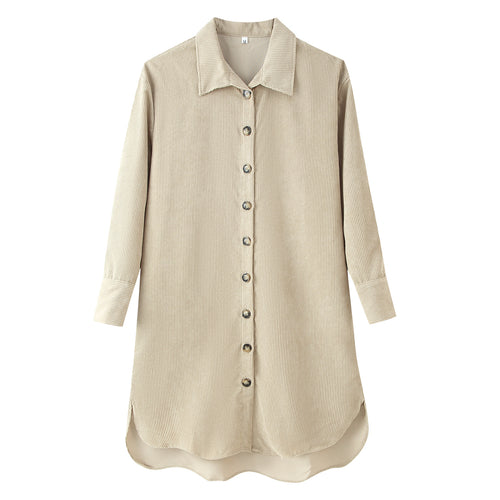 Damen Langes Hemdkleid aus Cord‑Ripp mit durchgehender Knopfleiste, Hemdkragen und abgerundetem Saum Echoarchiv