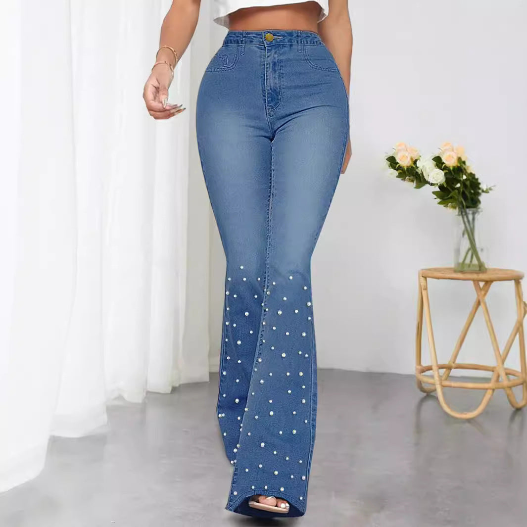 Damen Jeans-Schlaghose mit hoher Taille und Perlenapplikation Echo Archiv