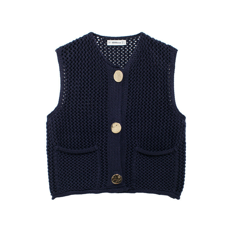 Damen gehäkelte Strickweste mit großen Zierknöpfen und Aufsatztaschen – Veloura