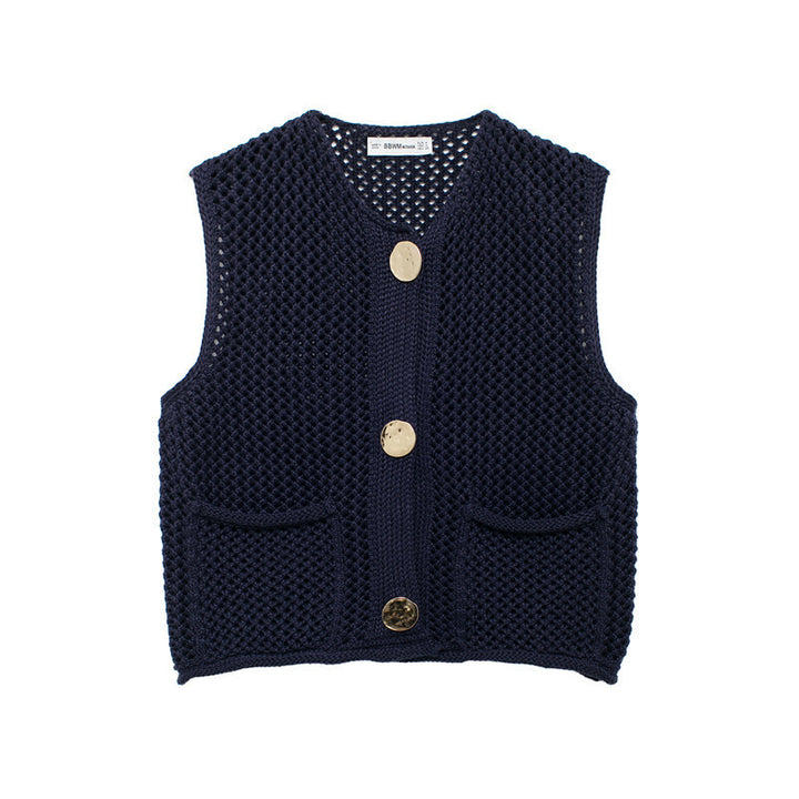 Damen gehäkelte Strickweste mit großen Zierknöpfen und Aufsatztaschen – Veloura