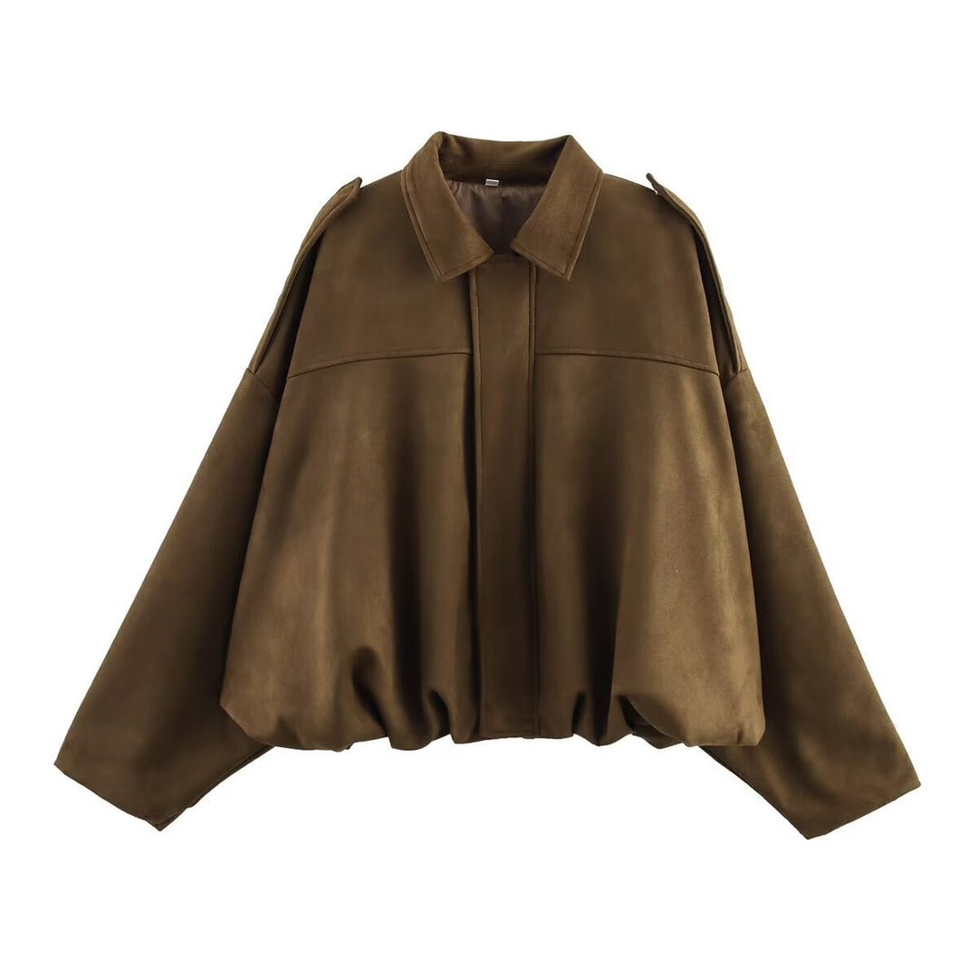 Damen nan oversized Veloursleder Bomberjacke mit Schulterklappen Echo Archiv