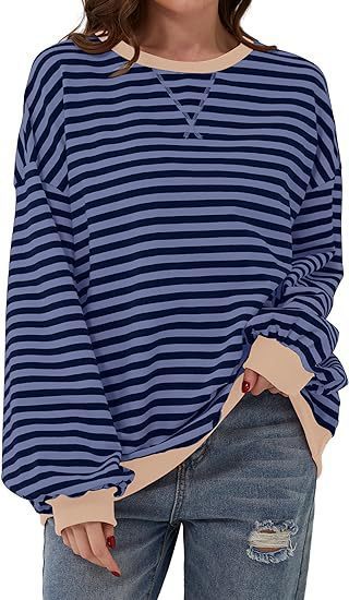 Damen Lässiges Oversize-Streifen-Sweatshirt mit Raglanärmeln und Kontrastbündchen – Mavelle