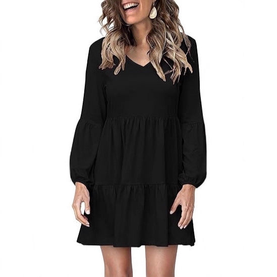 Damen Stufiges Mini-Kleid mit V-Ausschnitt und Ballonärmeln – Élara