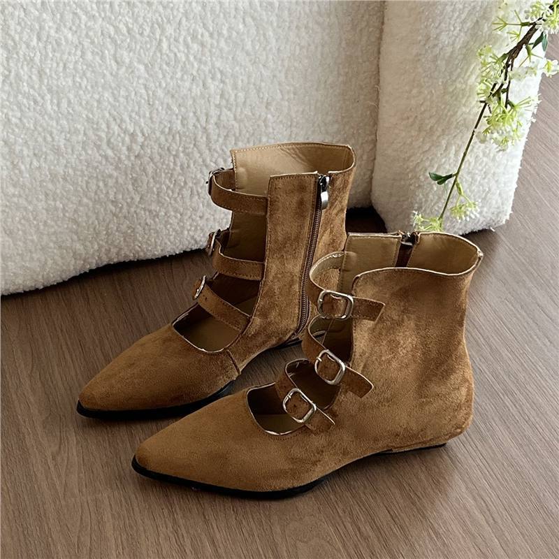 Damen spitz zulaufende Ankle-Boots mit Veloursoptik, vier verstellbaren Riemchen und niedrigem Absatz – Varelle