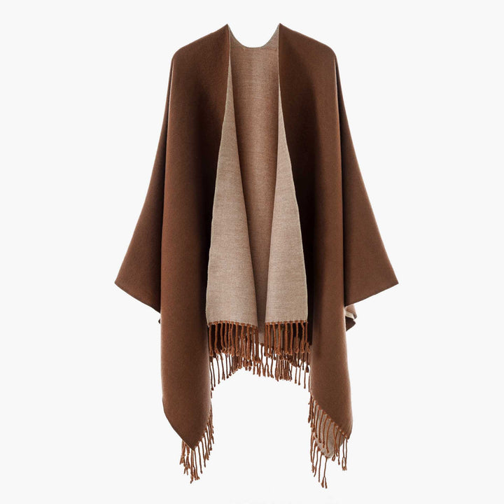 Damen Wendbarer Wollmix-Poncho mit Fransensaum und offener Front – Avérine