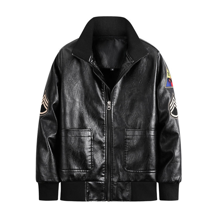Herren Vintage-inspirierte Pilot-Bomberjacke aus Lederoptik mit gestickten Abzeichen und Rippbündchen Echo Archiv
