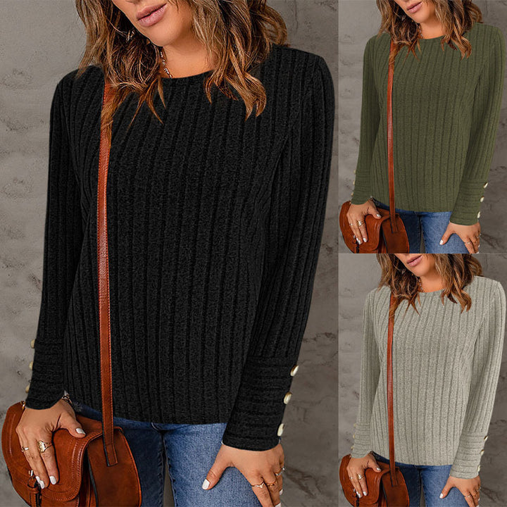 Damen Gerippter Feinstrickpullover mit Rundhalsausschnitt und Zierknopf‑Manschetten Echoarchiv
