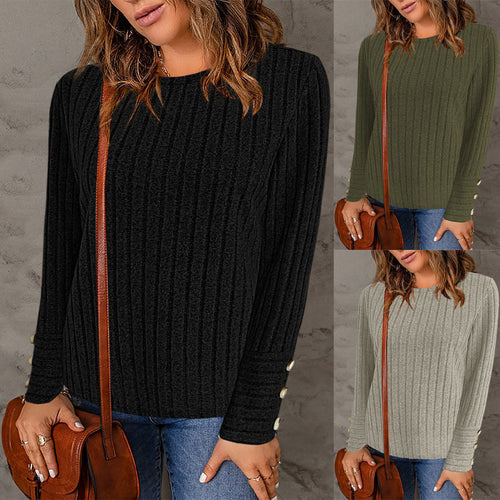 Damen Gerippter Feinstrickpullover mit Rundhalsausschnitt und Zierknopf‑Manschetten Echoarchiv