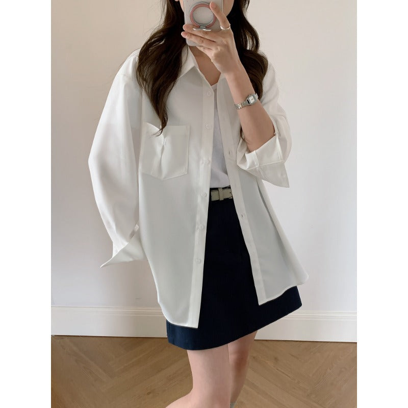 Damen Oversized Hemdbluse aus fließendem Material mit Brusttasche Echoarchiv