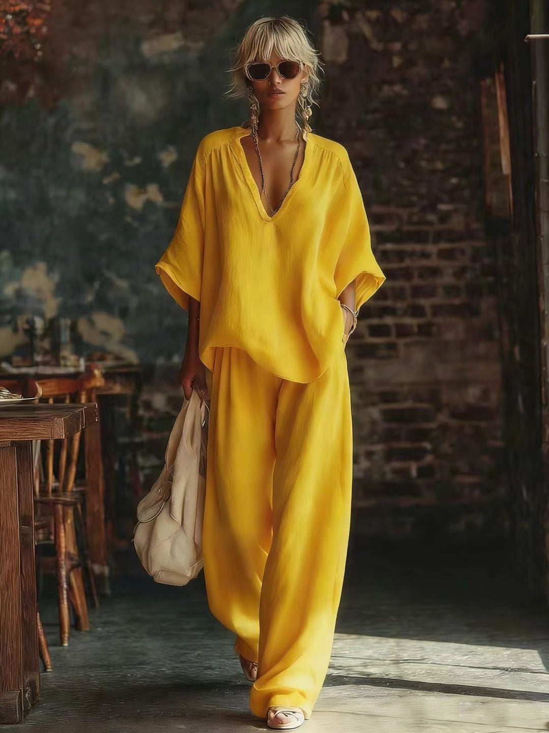 Damen nan lässiges zweiteiliges Leinenoptik-Set mit tiefem V-Ausschnitt, Oversize-Bluse und weitem Palazzo-Hosen Echo Archiv