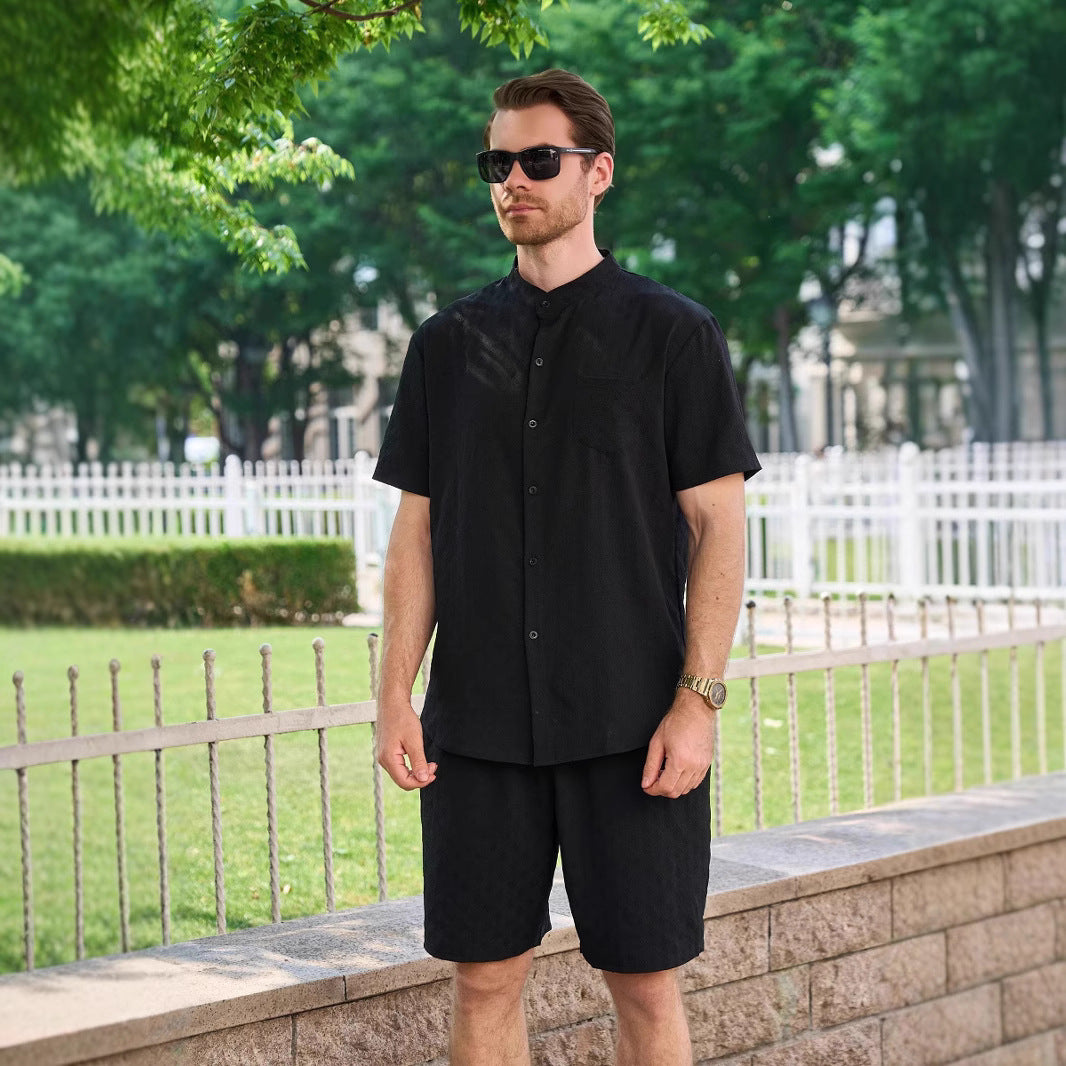 Herren Kurzarm-Hemd und Shorts Set mit modernem Stehkragen und atmungsaktiver Struktur Echoarchiv