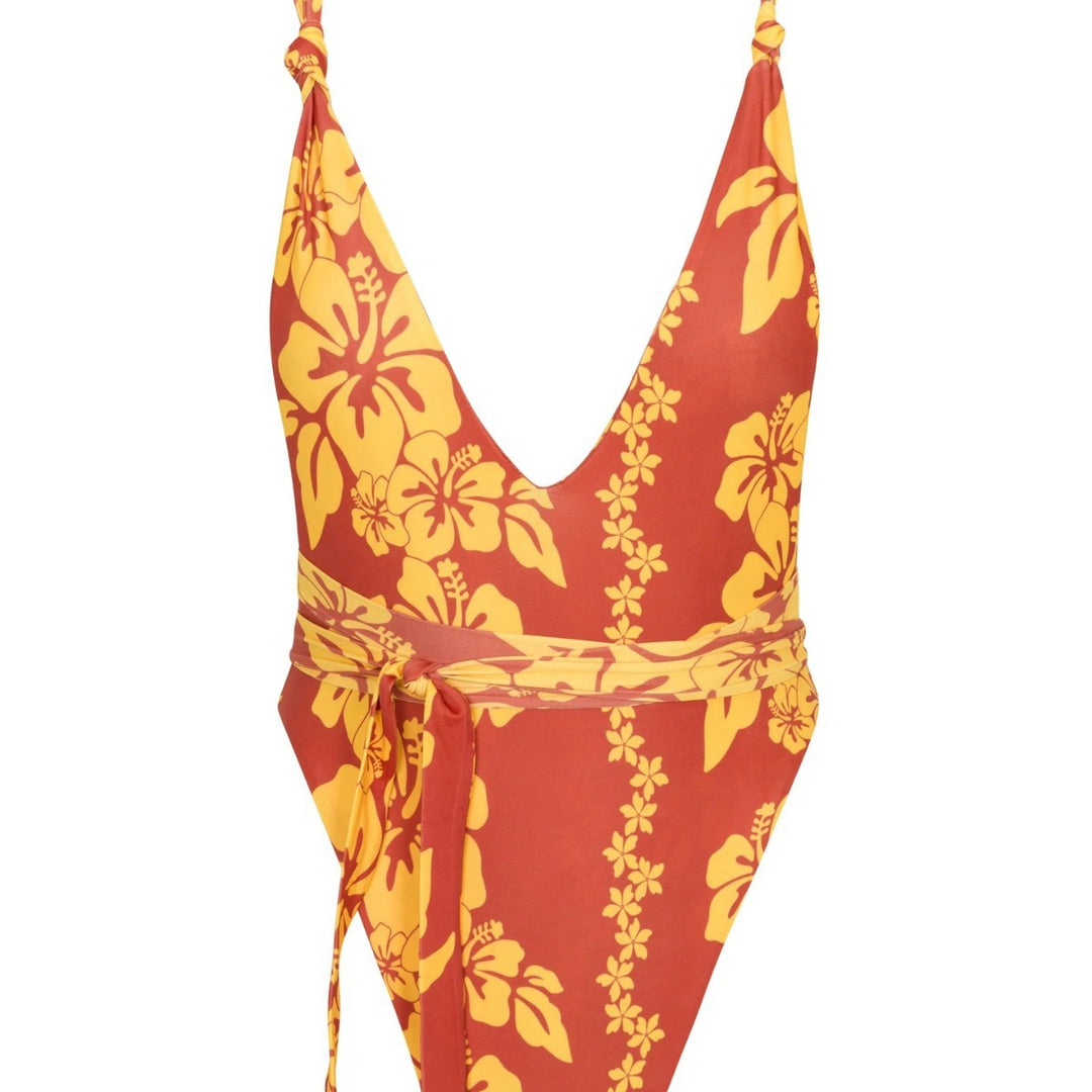 Damen Einteiliger Badeanzug mit tiefem V-Ausschnitt und floralem Design Echo Archiv