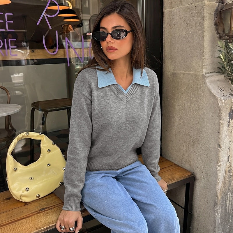 Damen Eleganter V-Ausschnitt Pullover mit Hemdkragen Echo Archiv