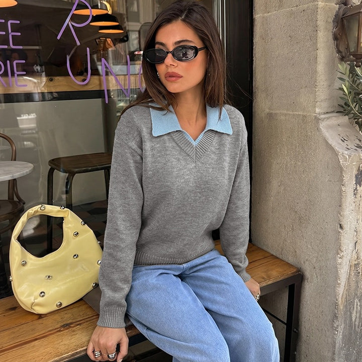 Damen Eleganter V-Ausschnitt Pullover mit Hemdkragen Echo Archiv