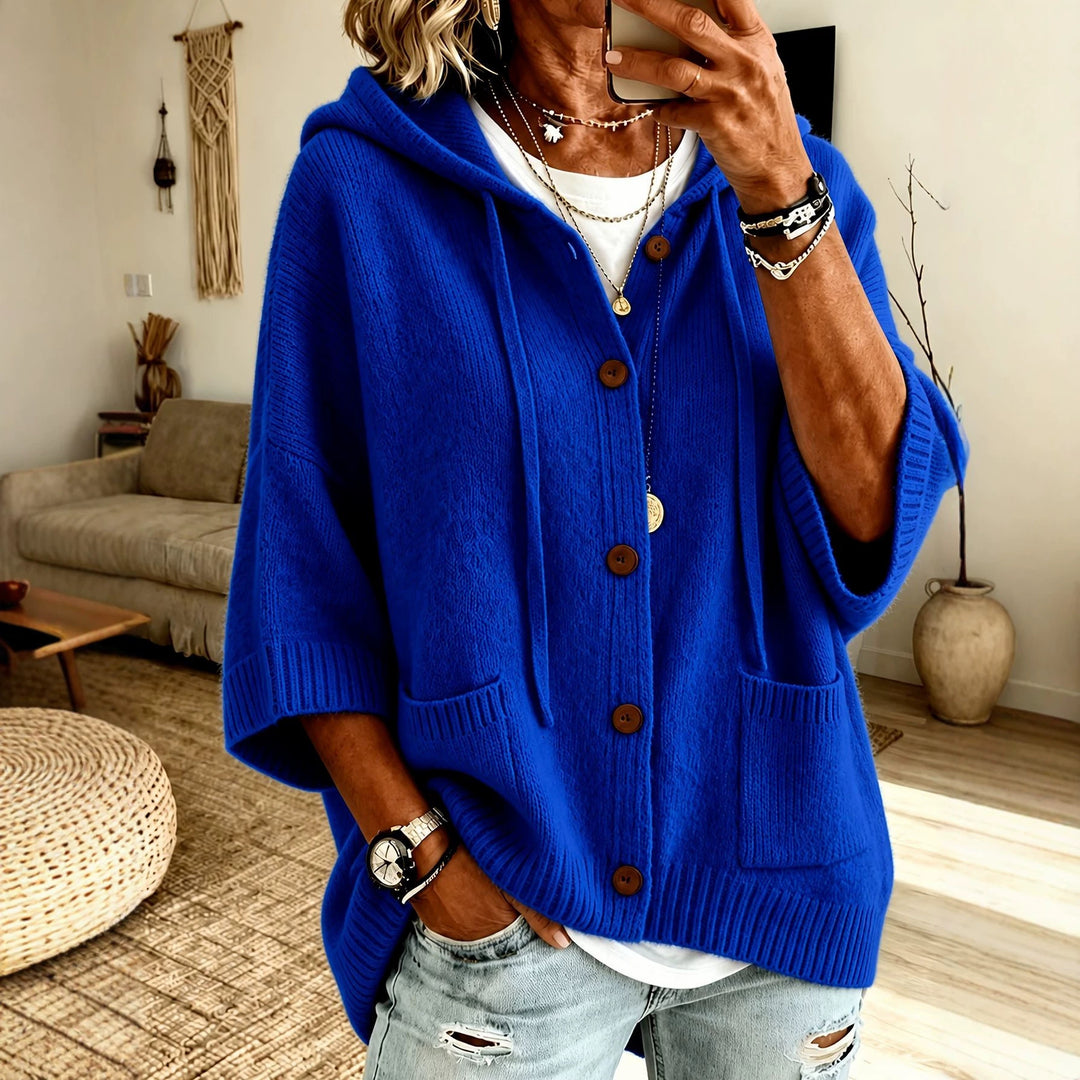 Damen Oversize Kapuzen-Cardigan mit Holzknöpfen und kastiger Silhouette – Veloura
