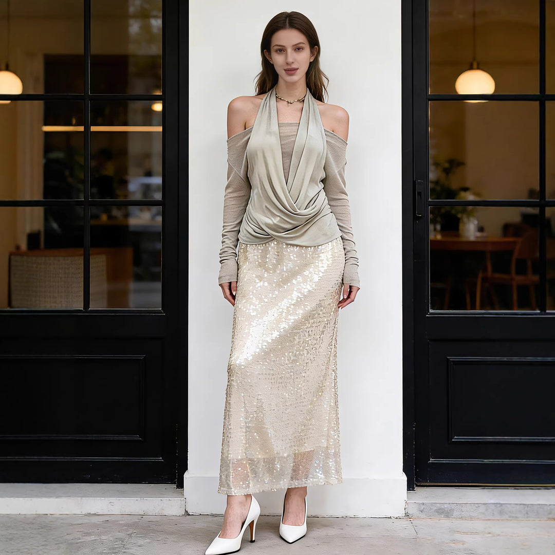 Damen Taillierter Pailletten‑Maxi‑Rock mit Stretchbund und Meerjungfrau‑Silhouette – Valéora