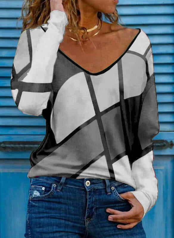 Damen Loose V-Ausschnitt Langarmshirt mit geometrischem Blockdruck und Oversized Passform – Avérine