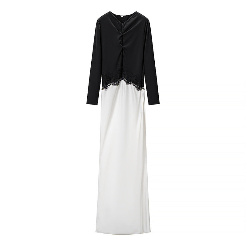 Damen Zweiton-Maxikleid mit geraffter V‑Passe, Spitzenbesatz und langen Ärmeln Echo Archiv