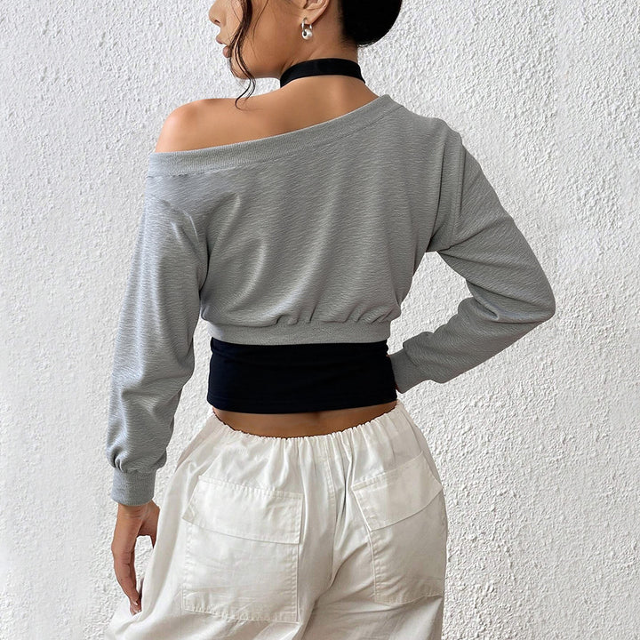 Damen cropped Sweatshirt mit weitem Carmen‑Ausschnitt, ballonärmeln und gerafftem Bund – Avérine